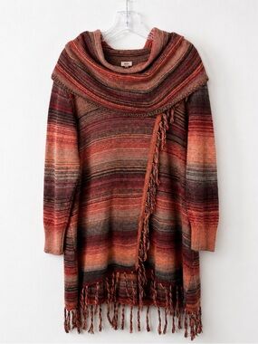 REBA Monica Cowl Neck Sweater Fringe Ombre Knit Boho XL Cozy